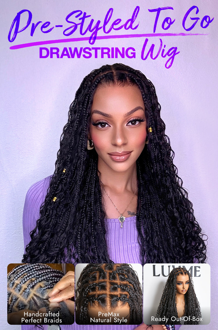 New Customers Only | Flexi-Fit Invisi Drawstring Cap Full Lace Knotless Boho Curls Braided Long Wig Super Natural Scalp-26