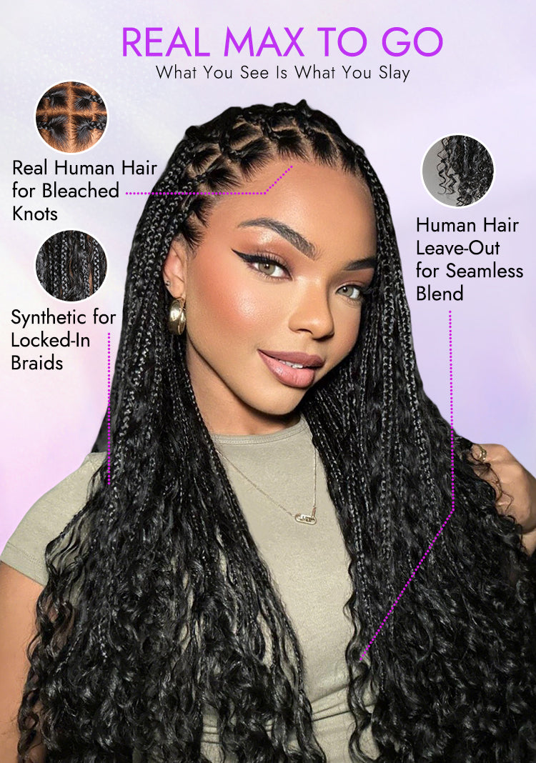 Special Deal | Flexi-Fit Invisi Drawstring Cap Full Lace Knotless Boho Curls Braided Long Wig Super Natural Scalp-19