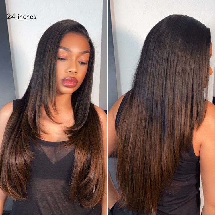 Luvme All-Day Comfort™ Wig 180% Density Ombre Brown Butterfly Cut Layered Light Yaki Straight Glueless 7x6 Closure HD Lace Human Hair Wig Pre-Cut Lace-71