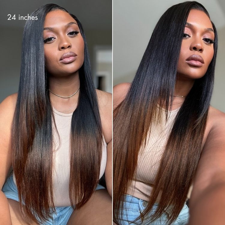 Luvme All-Day Comfort™ Wig 180% Density Ombre Brown Butterfly Cut Layered Light Yaki Straight Glueless 7x6 Closure HD Lace Human Hair Wig Pre-Cut Lace-72