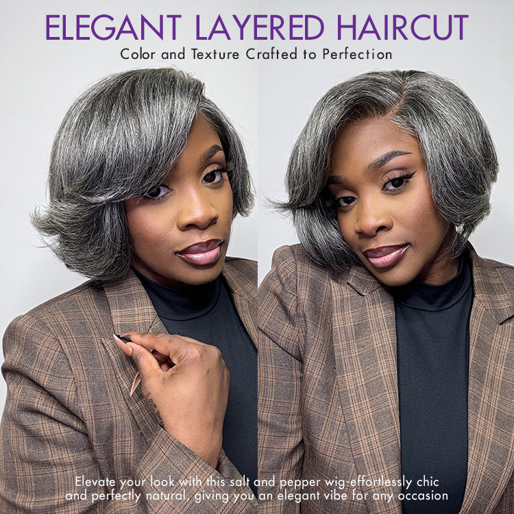 Boss Vibe Salt & Pepper Layered Bob / Body Wave Glueless Pre-Cut Minimalist Lace Grey Wig-25
