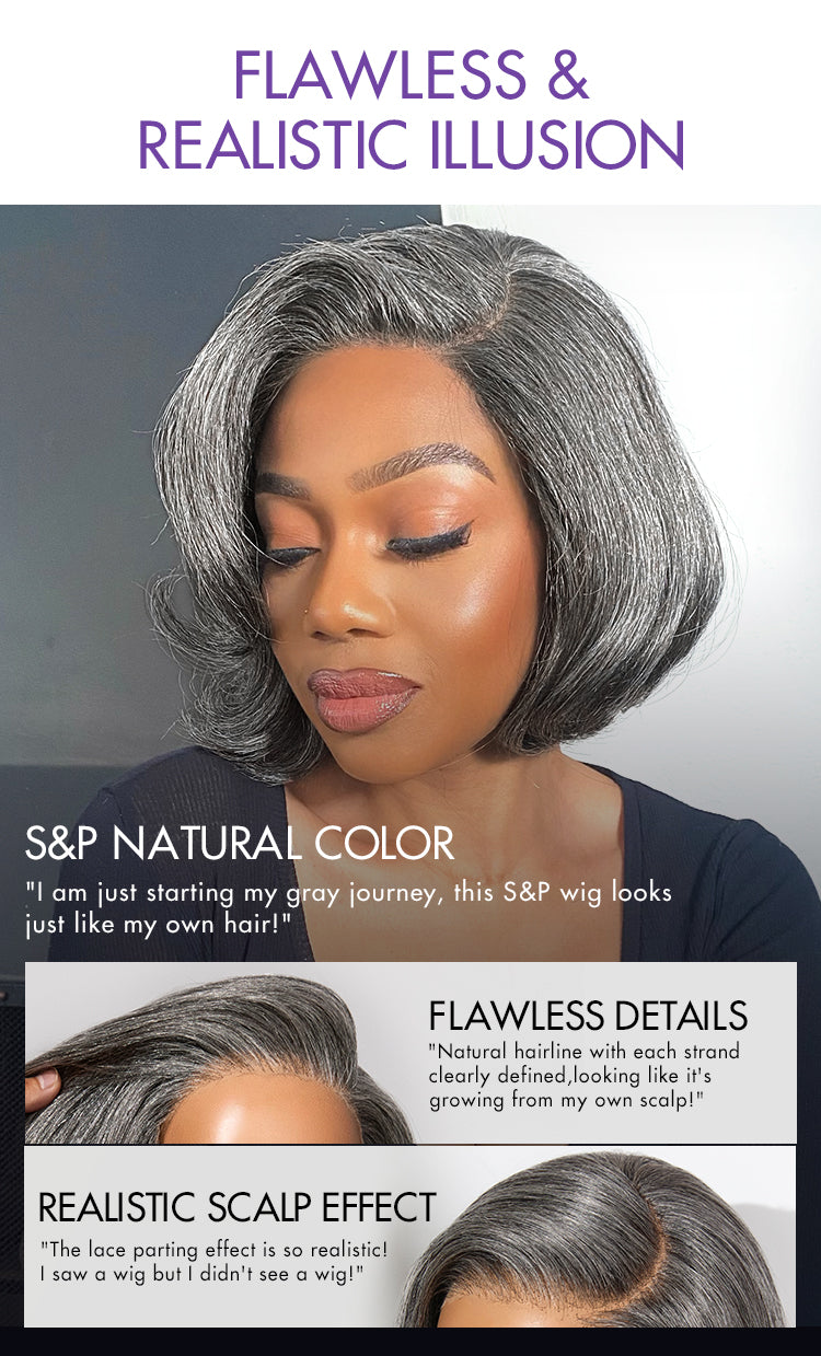 Boss Vibe Salt & Pepper Layered Bob / Body Wave Glueless Pre-Cut Minimalist Lace Grey Wig-27
