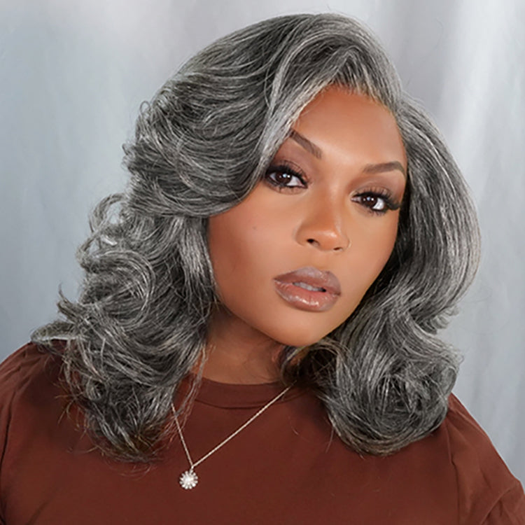 Layered Blowout Salt and Pepper Glueless Grey Wig Minimalist HD Lace Shoulder Length Wavy Wig-04