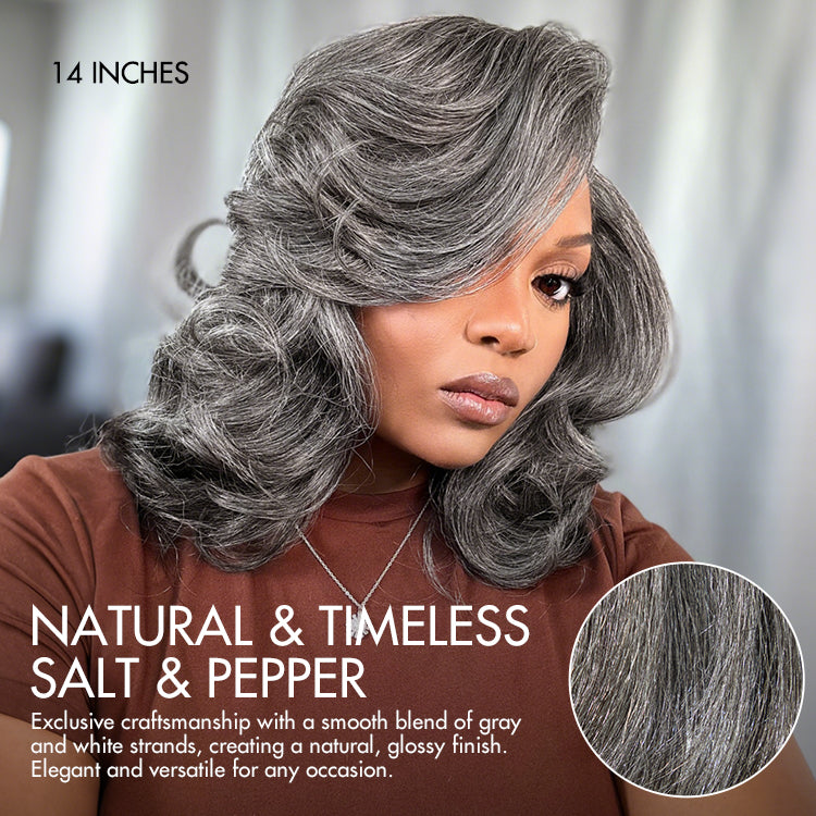 Layered Blowout Salt and Pepper Glueless Grey Wig Minimalist HD Lace Shoulder Length Wavy Wig-05