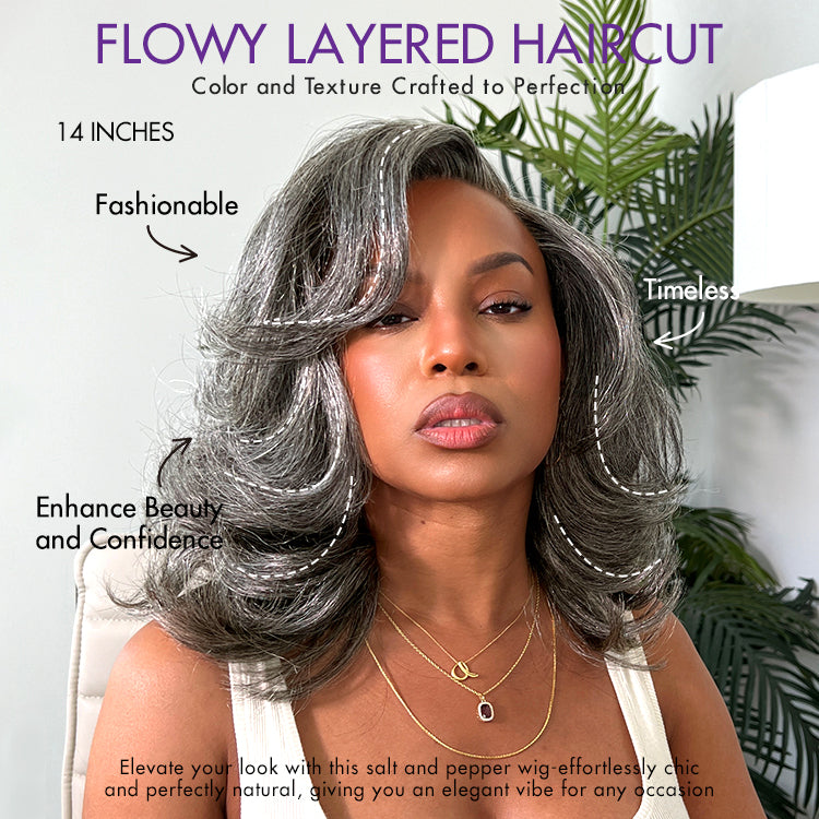 Layered Blowout Salt and Pepper Glueless Grey Wig Minimalist HD Lace Shoulder Length Wavy Wig-06