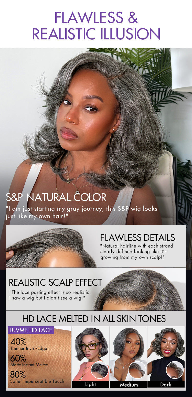 Layered Blowout Salt and Pepper Glueless Grey Wig Minimalist HD Lace Shoulder Length Wavy Wig-09