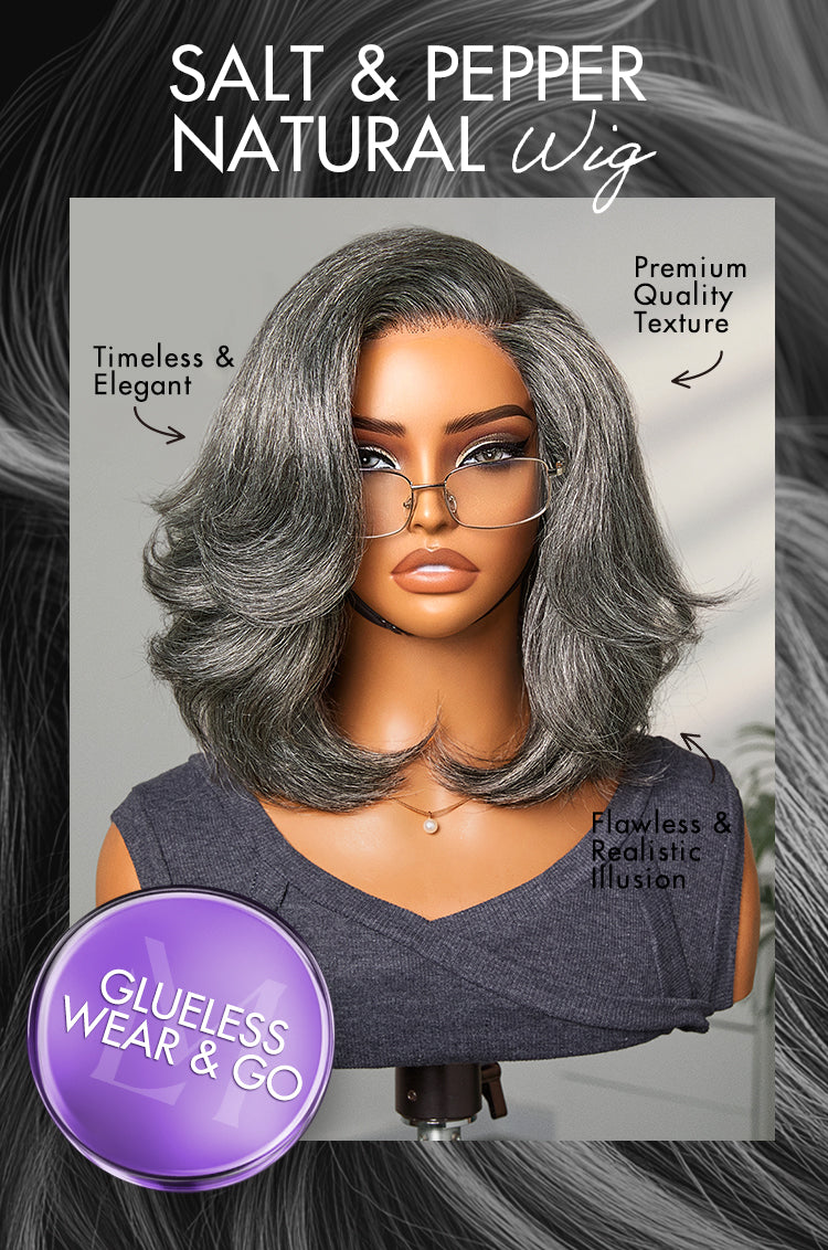 Put On and Go Salt and Pepper Layered Bob Glueless Pre-Cut Minimalist Lace Grey Wig-17