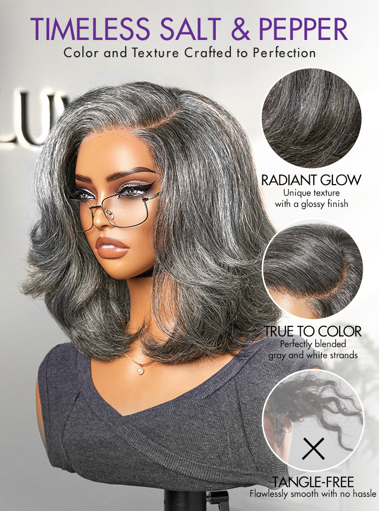 Put On and Go Salt and Pepper Layered Bob Glueless Pre-Cut Minimalist Lace Grey Wig-18