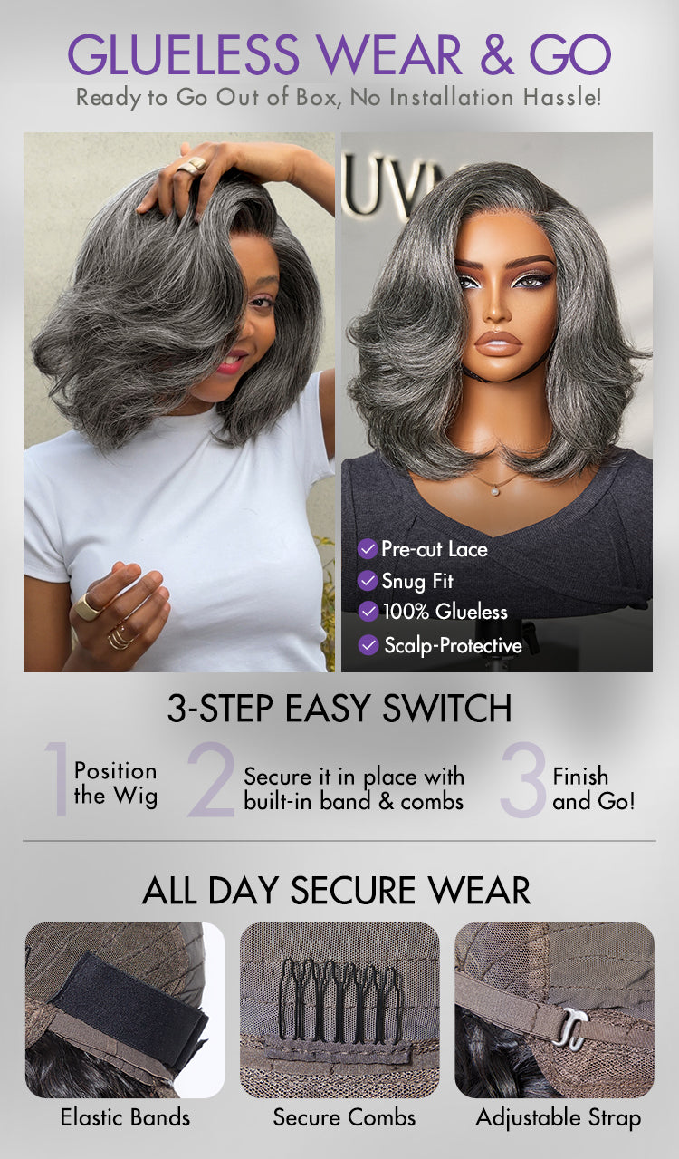 Put On and Go Salt and Pepper Layered Bob Glueless Pre-Cut Minimalist Lace Grey Wig-19