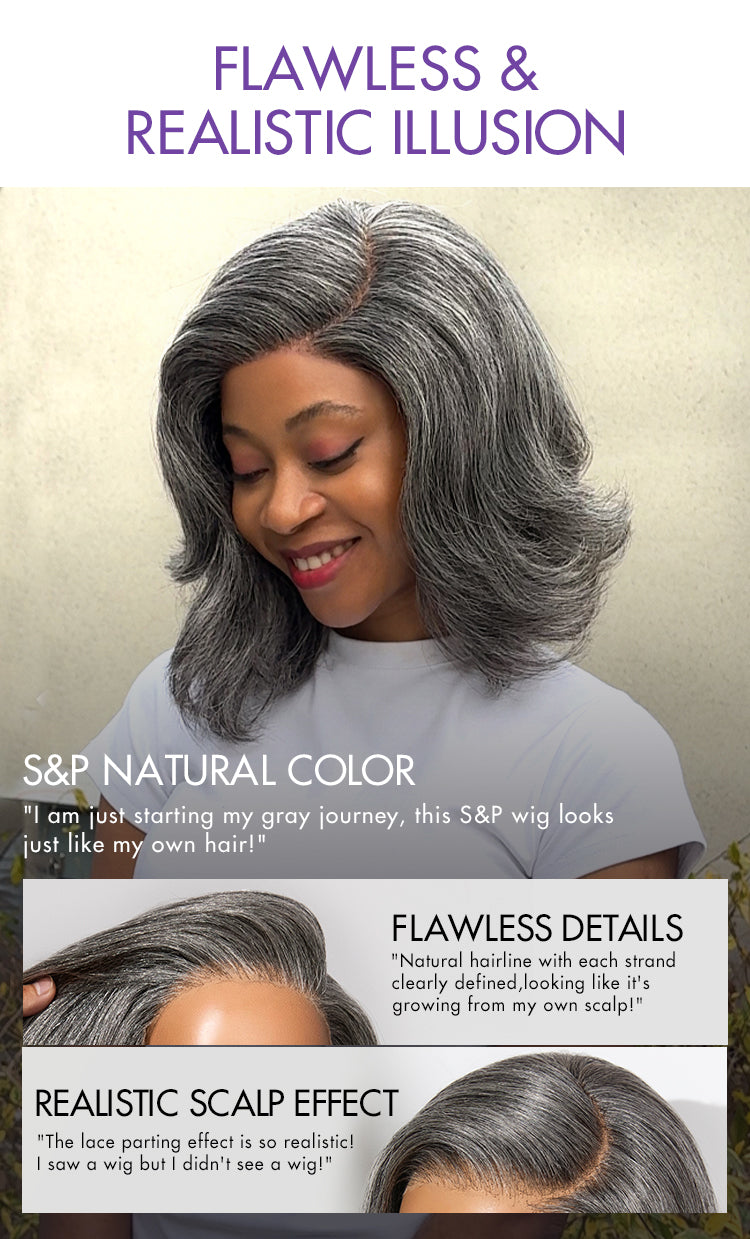 Put On and Go Salt and Pepper Layered Bob Glueless Pre-Cut Minimalist Lace Grey Wig-20