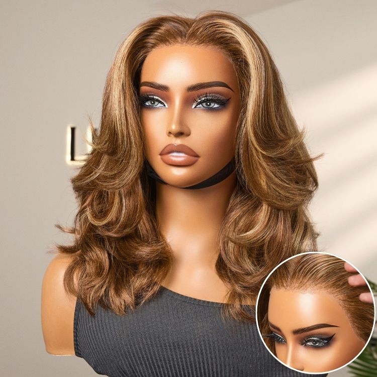 PreMax Wigs - Honey Blonde Highlight / Natural Black / Ombre Blonde Bouncy Body Wave Glueless 13x4 Frontal Lace Human Hair Wig-07