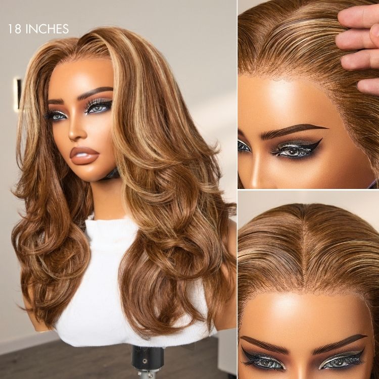PreMax Wigs - Honey Blonde Highlight / Natural Black / Ombre Blonde Bouncy Body Wave Glueless 13x4 Frontal Lace Human Hair Wig-08