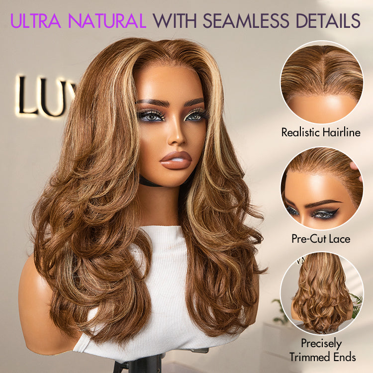 Luvme Hair PreMax Honey Brown with blonde highlights 13x6 frontal lace human hair wig with bouncy body wave style.