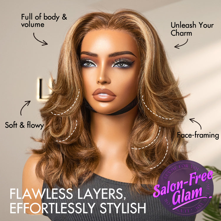 Luvme Hair PreMax Honey Brown with Blonde Highlights 13x6 Frontal Lace Human Hair Wig with bouncy body wave style