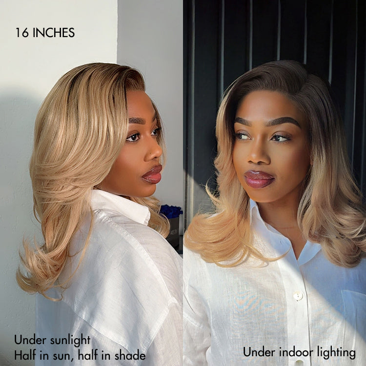 Luvme Hair butterfly cut layered wavy short wig with glueless HD lace, showcasing a chic, minimalist style and natural wave pattern.