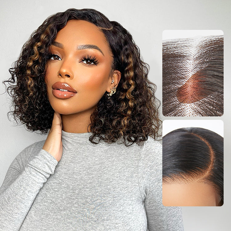 Blonde Highlight Short Curly Glueless Minimalist HD Lace Human Hair Wig-19