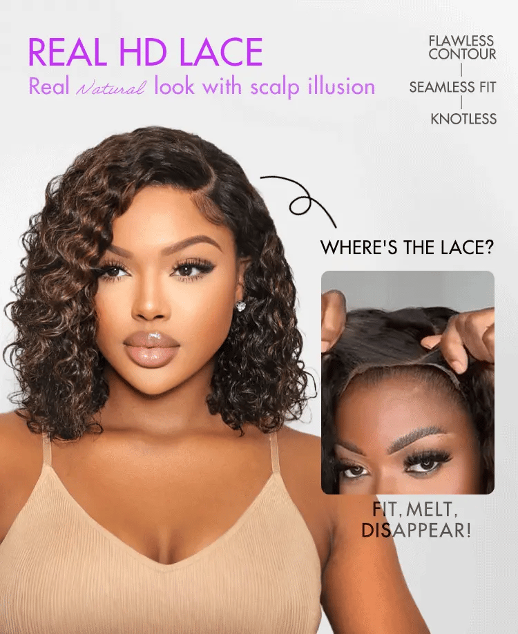 Blonde Highlight Short Curly Glueless Minimalist HD Lace Human Hair Wig-31