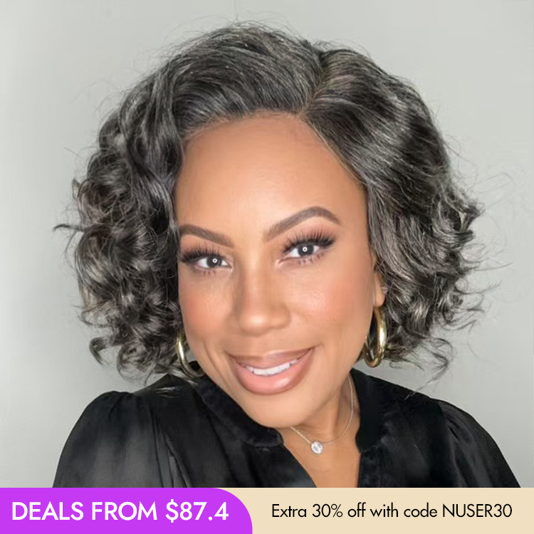 New Customers Only | Elegant Salt & Pepper Grey Wig Loose Body Wave Glueless Minimalist Lace Short Wig Pre-Cut Lace-20