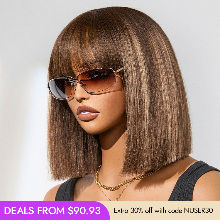 New Customers Only | Ash Blonde Highlights Yaki Blunt Cut Bob Wig with Bangs Glueless Minimalist Lace Short Wig Breathable Cap-14