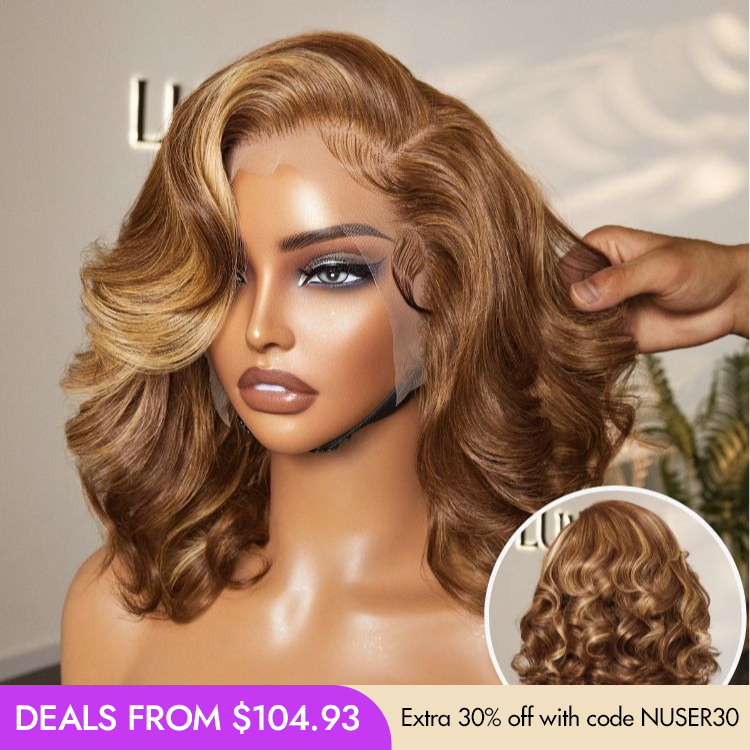 New Customers Only | PreMax Wigs - Honey Blonde Highlight / Natural Black / Ombre Blonde Bouncy Body Wave Glueless 13x4 Frontal Lace Human Hair Wig-22