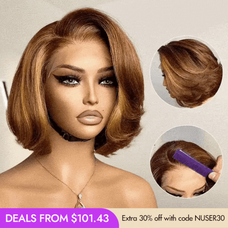 New Customers Only | Limited Design | Toffee Brown Mix Blonde / Natural Black Layered Cut Glueless 5x5 Closure Lace Bob Wig-21