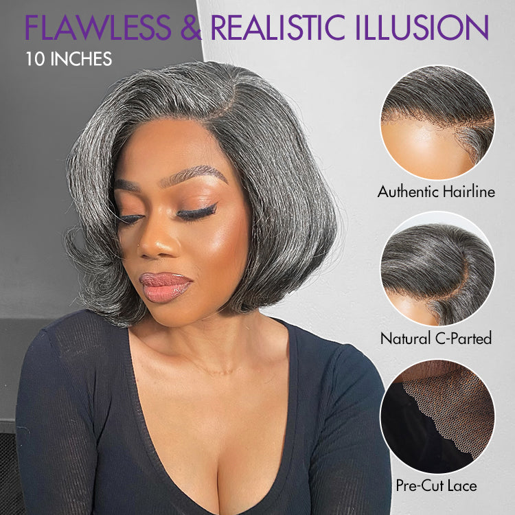 New Customers Only | Boss Vibe Salt & Pepper Layered Bob / Body Wave Glueless Pre-Cut Minimalist Lace Grey Wig-28