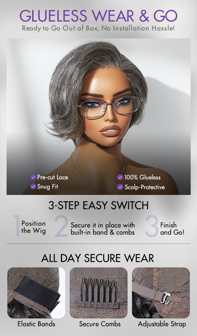 New Customers Only | Salt and Pepper Short Pixie Cut Wig Glueless Minimalist HD Lace Grey Wig Pre-Cut Lace-21