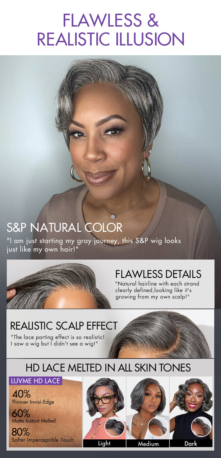 New Customers Only | Salt and Pepper Short Pixie Cut Wig Glueless Minimalist HD Lace Grey Wig Pre-Cut Lace-22