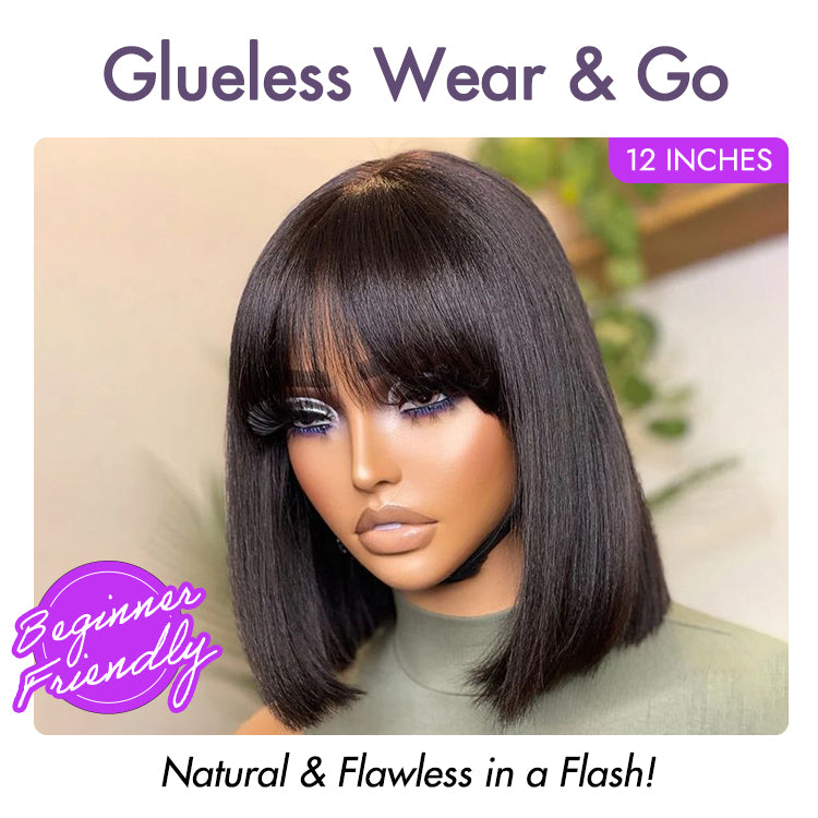 Luvme glueless Yaki straight bob lace wig with bangs, realistic 100% human hair, put-on-and-go style, minimalist lace design.