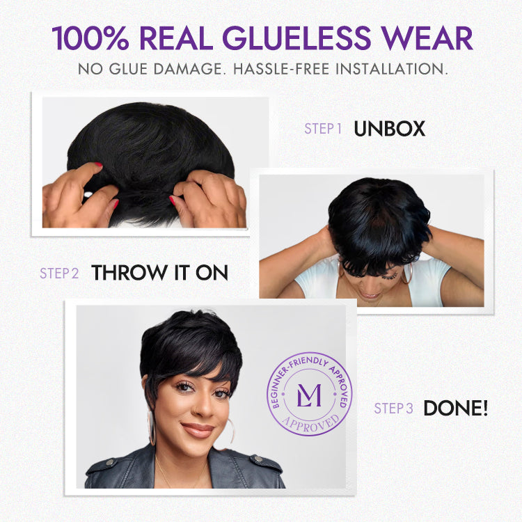 Luvme Hair throw-on short cut wig with bangs, ultra comfort cotton cap, glueless design, ideal for hair loss, natural look