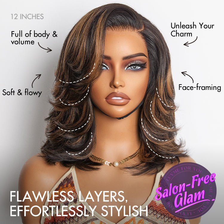 Brown Highlight Layered Haircut Wavy Glueless Minimalist HD Lace Wig Pre-Cut Lace-02