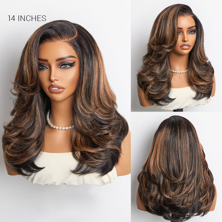 Brown Highlight Layered Haircut Wavy Glueless Minimalist HD Lace Wig Pre-Cut Lace-08