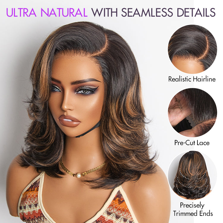 Brown Highlight Layered Haircut Wavy Glueless Minimalist HD Lace Wig Pre-Cut Lace-03