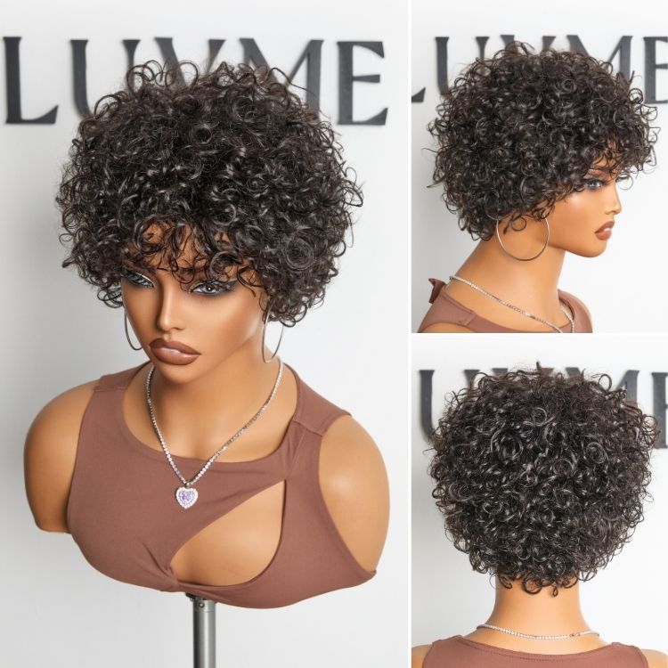 Short Bouncy Curly Pixie Cut Wig With Bangs display picture 1