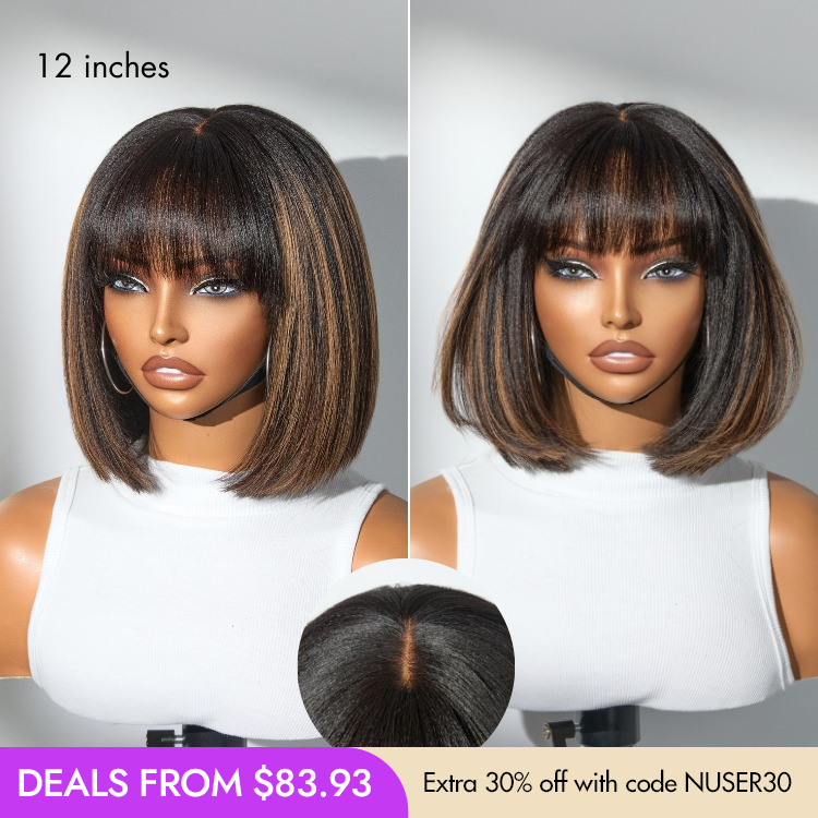 Luvme glueless yaki straight bob lace wig with bangs, realistic 100% human hair, designed for easy wear and natural look.