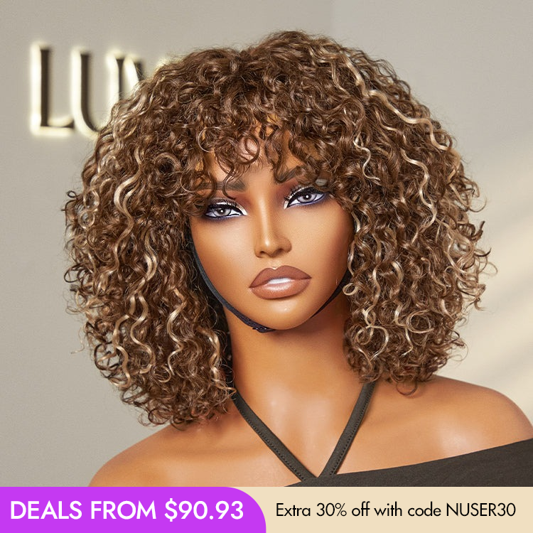 New Customers Only | Beginner Friendly Water Wave Minimalist Lace Glueless Short Curly Wig with Bangs-25