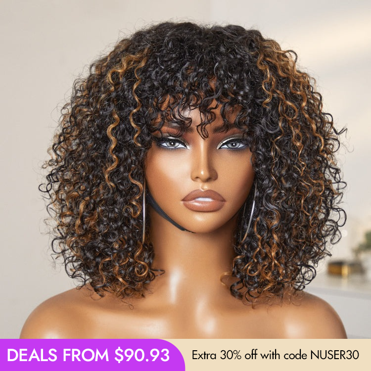 New Customers Only | Beginner Friendly Water Wave Minimalist Lace Glueless Short Curly Wig with Bangs-24