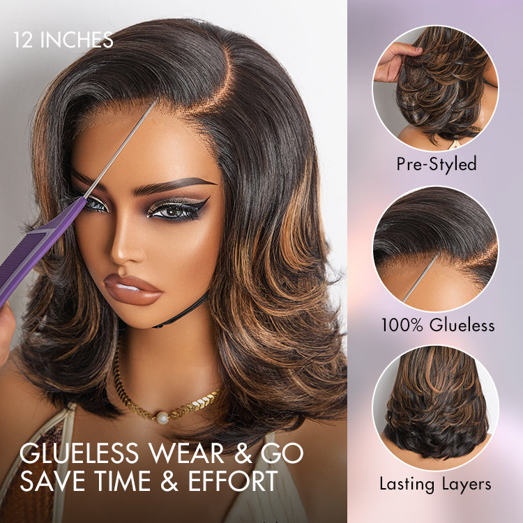 Luvme Hair butterfly cut layered wavy short wig with glueless HD lace, minimalist style and effortless chic appearance.