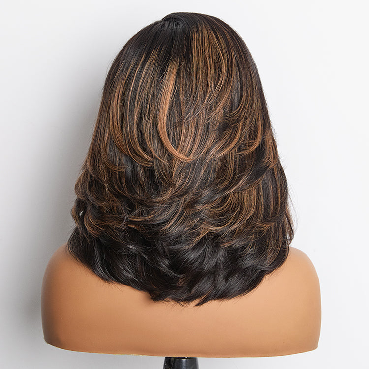 Luvme Hair butterfly cut layered wavy short wig with glueless HD lace, showcasing a chic, minimalist style with natural waves.