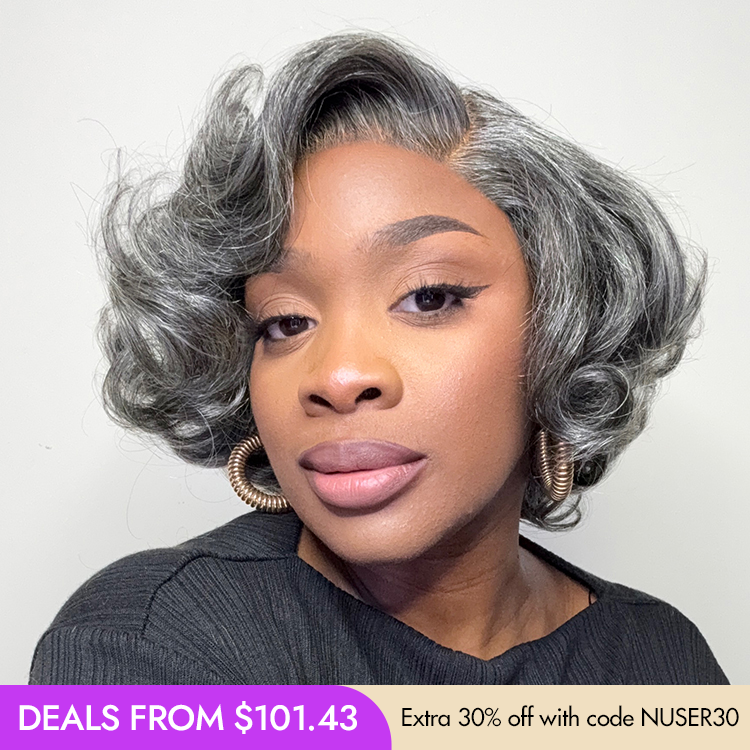 New Customers Only | Mature Boss Salt and Pepper Bouncy Egg Curls Glueless Minimalist HD Lace Grey Wig-23