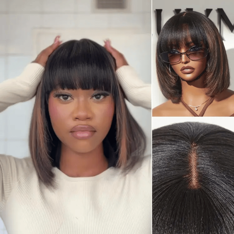 Put On and Go Reddish Purple / Ash Blonde Highlight / Brown Highlight / Natural Black Layered Cut Yaki Straight Minimalist Lace Bob Wig-04