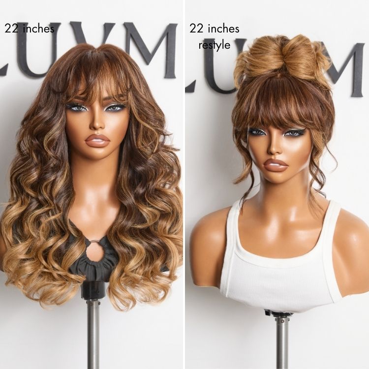 Luvme All-Day Comfort™ wig with 180% density, ombre blonde highlights, loose body wave, glueless HD lace closure with bangs.