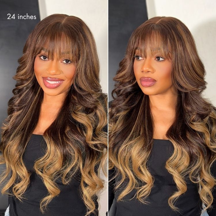 Luvme All-Day Comfort™ wig with loose body wave curls, ombre blonde highlights, bangs, 7x6 HD lace closure, human hair.