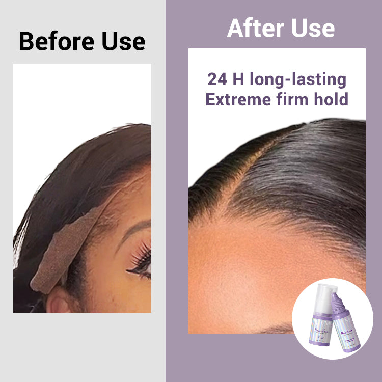 Luvme Hair Upgraded 2.0 lace wig glue and remover kit for secure hold and easy removal, displayed with applicator and accessories.