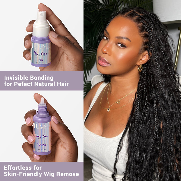 Luvme Hair Upgraded 2.0 Lace Wig Glue and Remover Kit with applicator brush, secure hold, and easy removal for lace wigs.