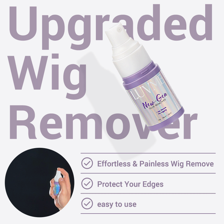 Luvme Hair US Lace Wig Glue & Remover Kit with secure hold and easy removal, shown in animated GIF demonstrating application process.
