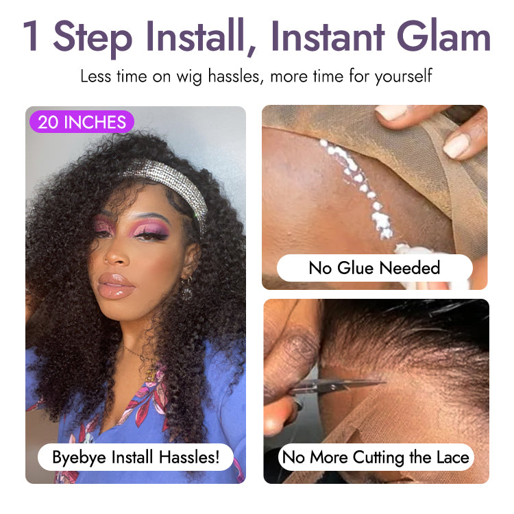 Natural Black Jerry Curly No Lace Glueless Free Part Long Headband Wig 100% Human Hair (Get Free Trendy Headbands)-08