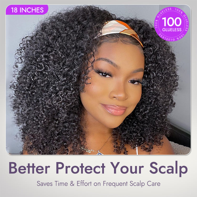 Natural Black Jerry Curly No Lace Glueless Free Part Long Headband Wig 100% Human Hair (Get Free Trendy Headbands)-09