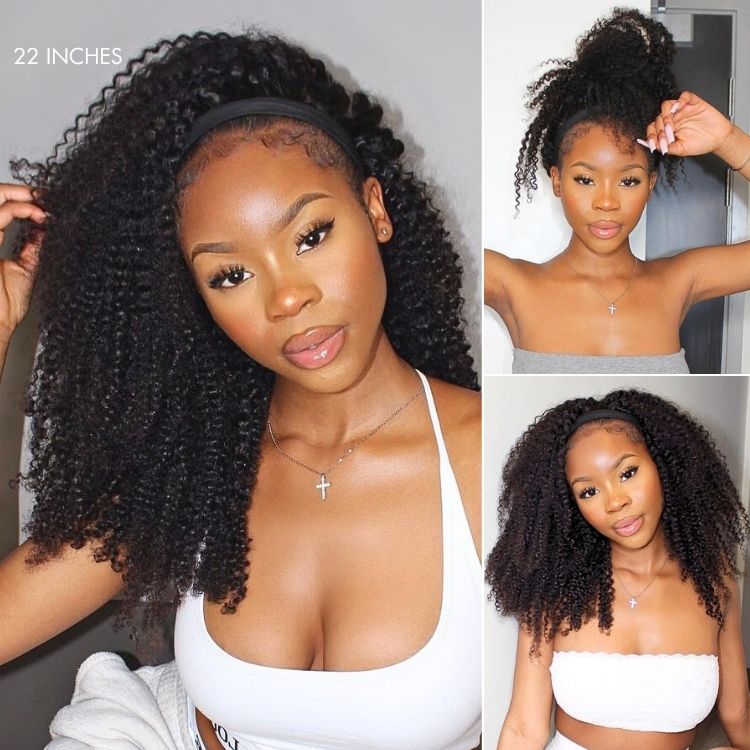 Natural Black Jerry Curly No Lace Glueless Free Part Long Headband Wig 100% Human Hair (Get Free Trendy Headbands)-11