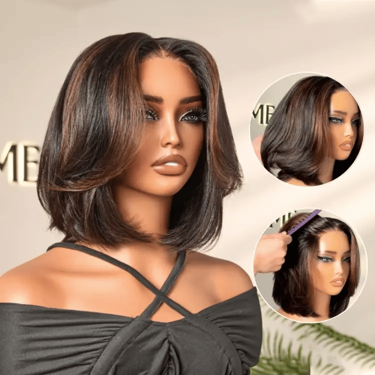 Brown Highlight Silky Short Bob Wig Layered Cut Human Hair Glueless 5x5 Closure Pre-Cut Lace Wig-01